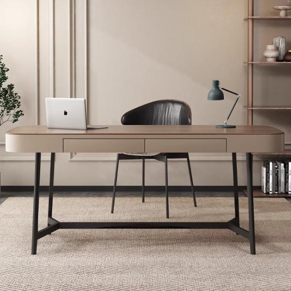 Iron Leg Solid Oak Writing Table Lacquer Finish Wooden Office Table