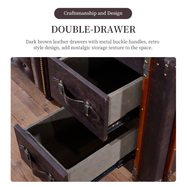 Nidea #8507 Classic Vintage Handmade Leather Trunk Cabinet Portable Storage Bedside Table with 2 Drawers for Living Room Furniture