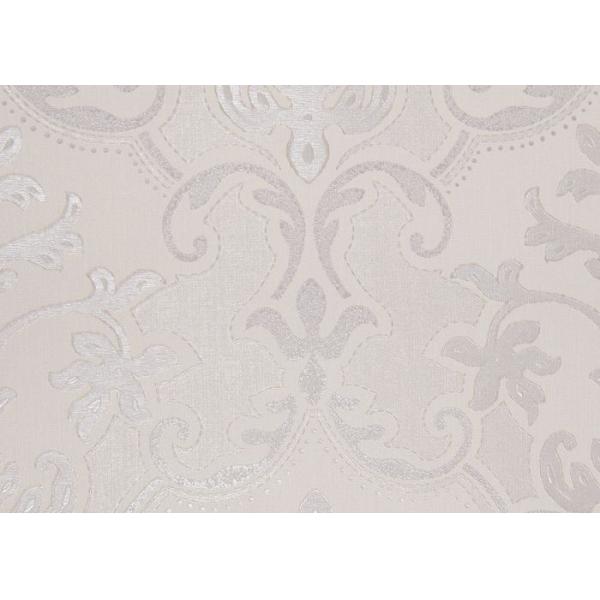 Creamy White Living Room Wallpaper with Embossed Symmetrical Floral Pattern