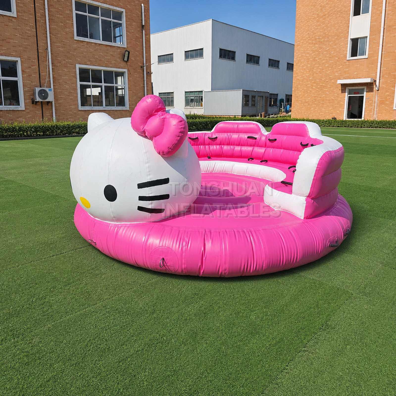 Custom Pink Cartoon Cat Inflatable Towable Boat with Multi Seat Layout Reinforced Handles and D-Rings for Resort Lake Water Sports Rentals
