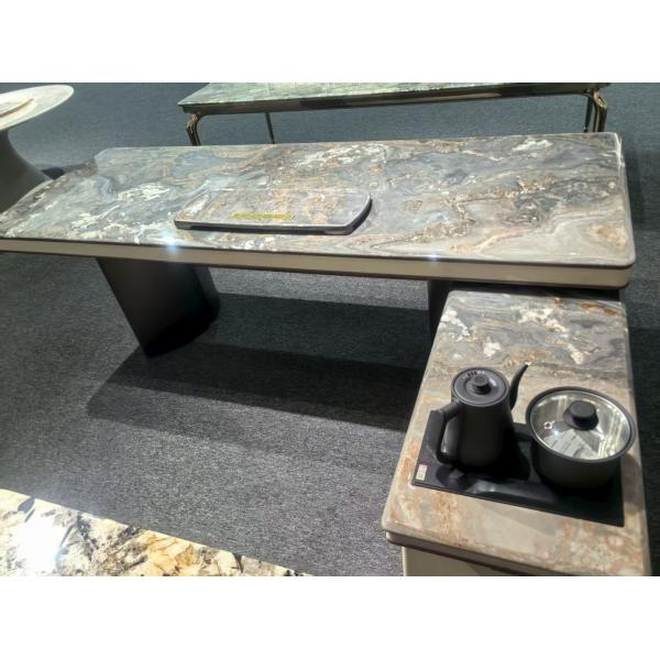 Italian Palissandro Blue Marble Table with Natural Veins and Artistic Centerpiece | Luxury Stone Table