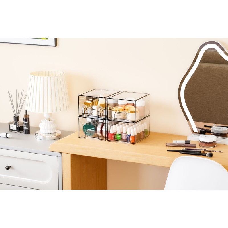 Multi-Tier Clear Makeup Organizer Detachable Stackable Desktop Storage Box Dustproof Cosmetic Display Case with Drawers for Home