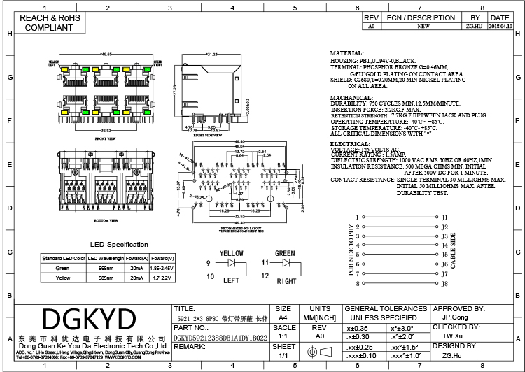 Гнездо порта 8P8C гнезда 2X3 локальных сетей DGKYD59212388DB1A1DY1B022 RJ45 модульное с СИД весны изоляции