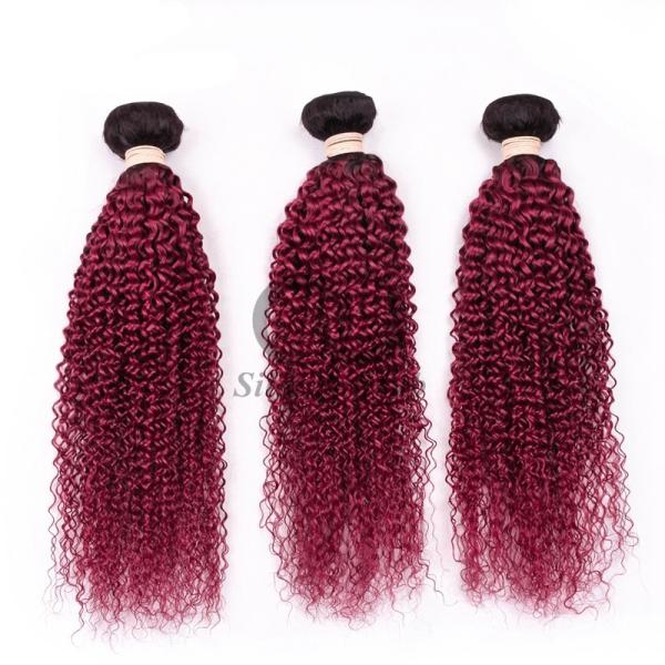#T1B/Burgundy Kinky Curly Remy Human Hair Bundles Sew In Weave Bundles Brazilian Bundle Deals