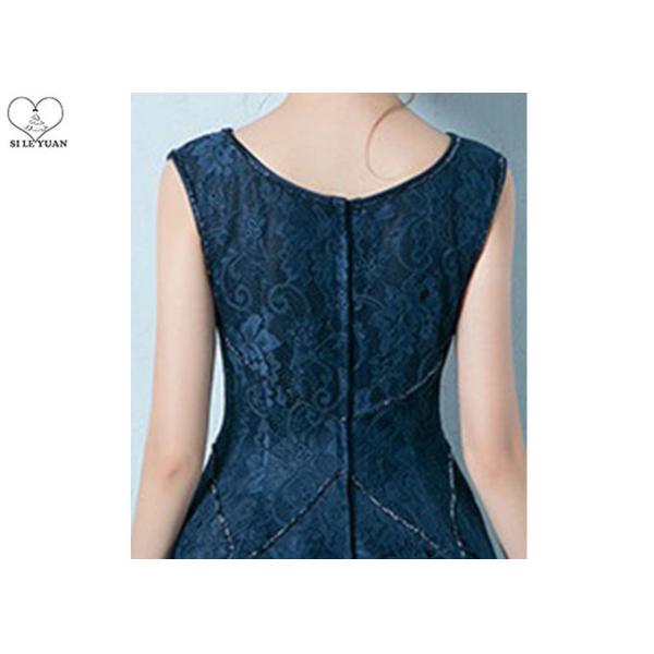 Navy Blue Lace Short Length Prom Dresses Knee Length Sleeveless And Beading