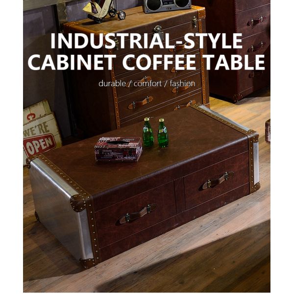 Nidea #8611 Red Wine  Bar Coffee Table Personalized Hotel Reception Room Industrial Style Double Drawer Retro Aluminum Leather Rivets