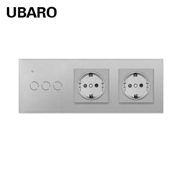 UBARO Smart WiFi 3-Gang Touch Light Switch with Voice Control Remote App and Dual EU Schuko Outlets IP20 Tempered Glass Wall Plate