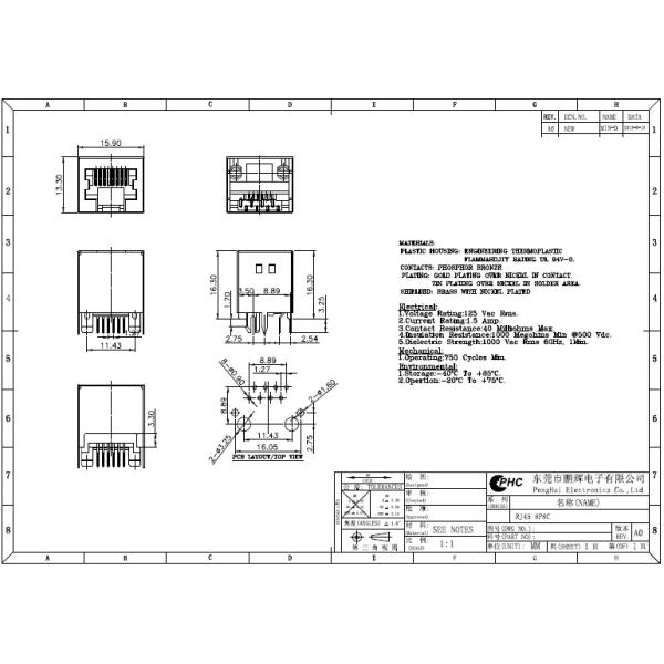 PHC Single Port  Low Profile Rj45 Connector 8P8C Gold Plated G / F