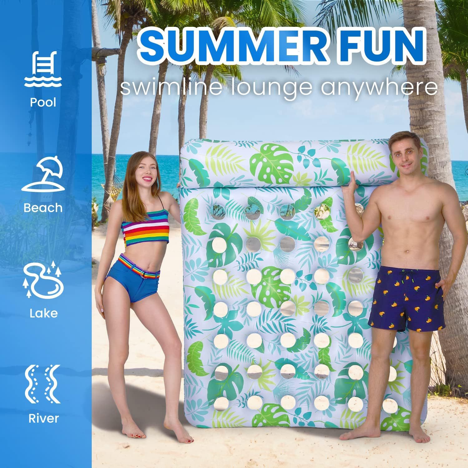 PVC Inflatable Double Hole Floating Raft with Pillow, Customized Hollow Floating Bed, Inflatable Swimming Pool Floating Mat