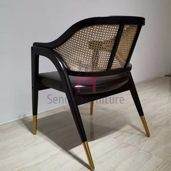 Black Ash Wood Frame Rattan Dining Chairs Leather Cushion Armrest Dining Chair