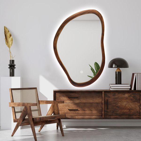 Walnut Wood Frame Irregular Bathroom Mirror 5mm With Edge Lighting Dimming
