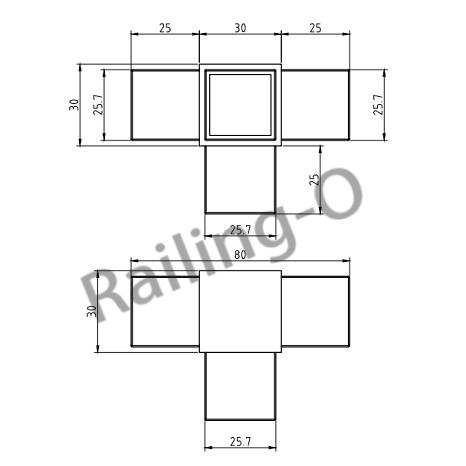 Cross 4 Way 90° Handrail Connector 30×30 Satin Mirror QLS040.3030