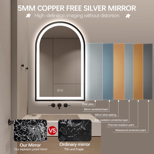 Luxury Arch Shape Black Framed Bathroom Mirror , Smart LED Bathroom Mirror IP54 Waterproof