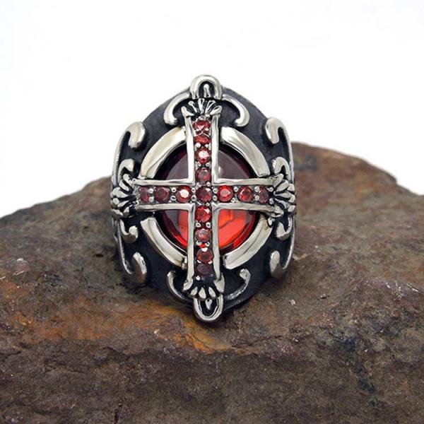 Men's Vintage Old Silver Plated Titanium Stainless Steel Ring Red Cubic Zircon Gothic Cross(SA240)
