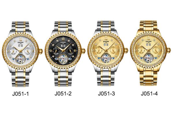KINYUED calendar wrist watch gold dial with diamond case automatic mechanical watch