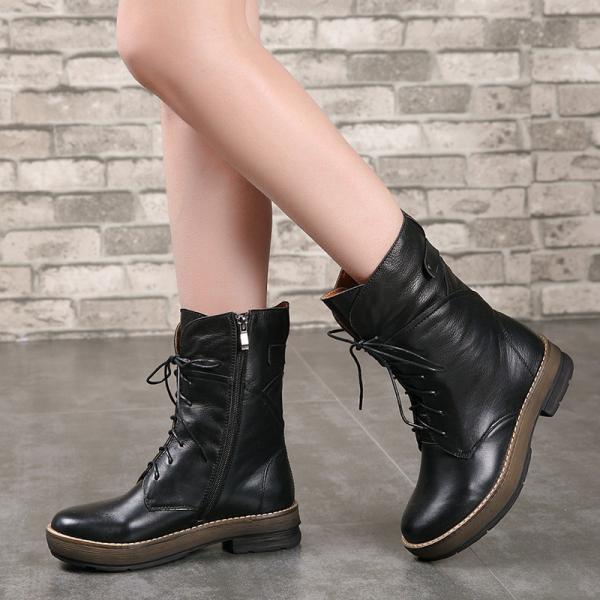 S037 Casual handmade women's shoes original retro Martin boots round head side zipper top layer leather fluffy warm boot