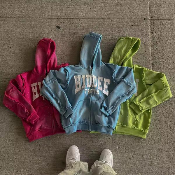 Hoodie ropa callejera personalizada bordado de angustia parche de cremallera de gran tamaño con capucha francés Terry Rhinestone fabricantes de capuchas