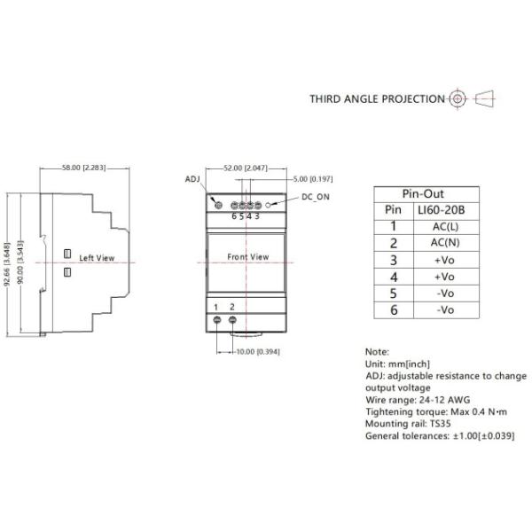 60W Industrial AC DC Din Rail Power Supply Black IEC62368 TS35X15 Mountable
