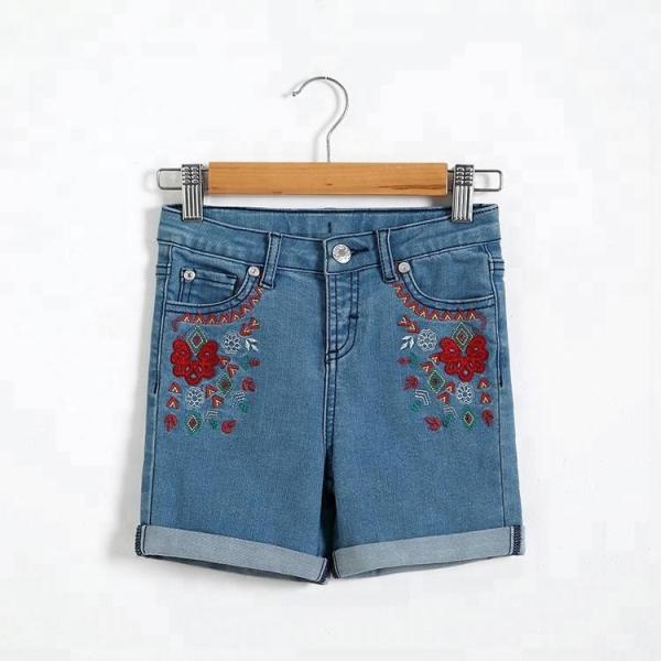Flower Embroidery Girls Denim Shorts Knee Length With Adjustable Size Waist