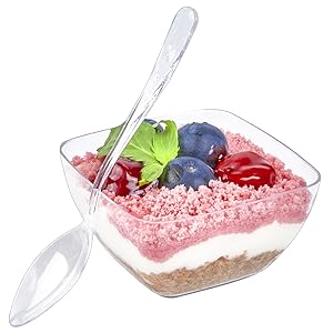 2 Oz Mini Dessert Cups With Spoons, Clear Plastic Reusable Small Party Serving Cups For Appetizers, Hors D'Oeuvres Plates