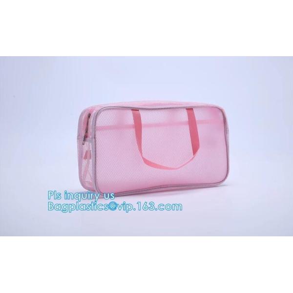 Embroidery Logo black nylon mesh cosmetic bag with zipper, mesh net zipper cosmetic makeup bag with custom logo, Women M