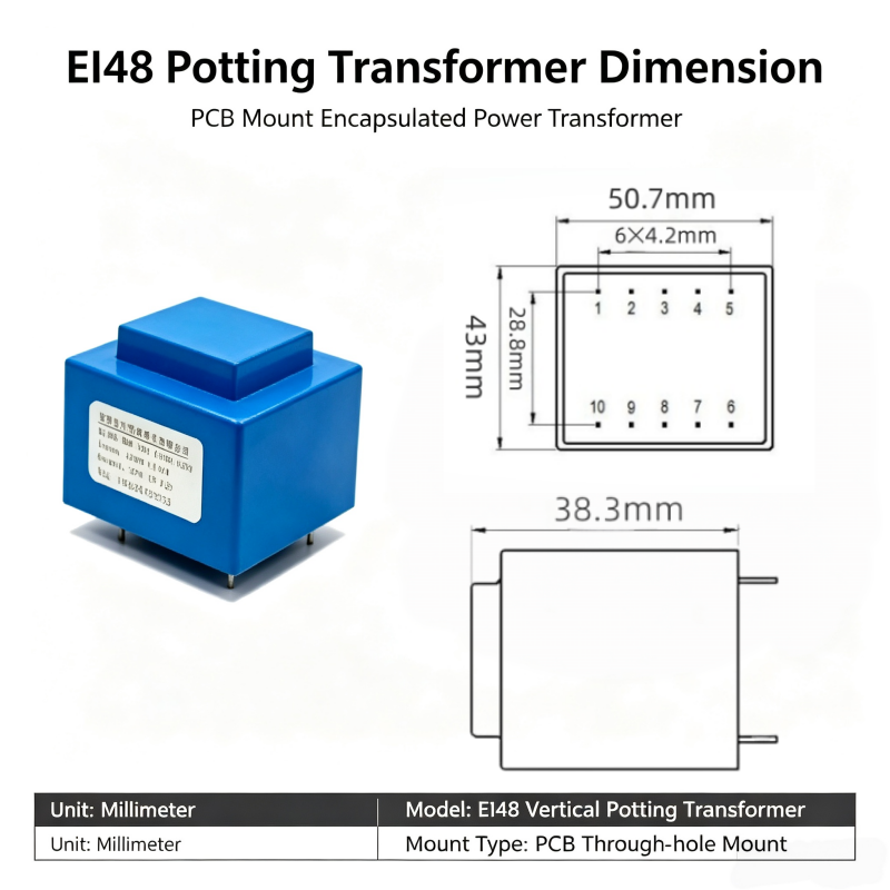EI48 Epoxy Potting Sealed PCB Mount Step-Down Transformer with 220V Input and 12V Output for Household Power Supply