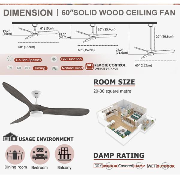 60 polegadas 3 lâminas Ventilador de teto de madeira com luz para quarto