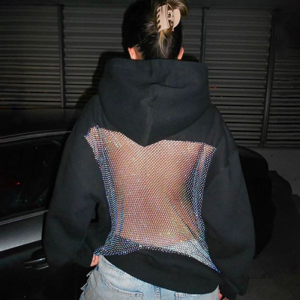 Customize Solid Rhinestone Bling Hollow Out Hoodie Backless Design Eye-Catching Must-Have Polyester/Cotton Oversized Breathable