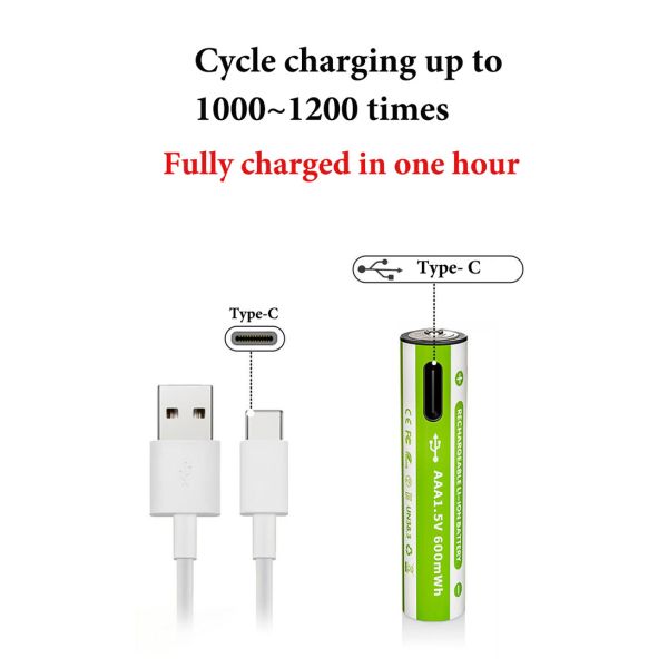 1.5V AA AAA Solid State Rechargeable 1500mAh 600mWh 1100mWh 2200mWh Type USB-C 10x43mm 1000 Cycles Battery