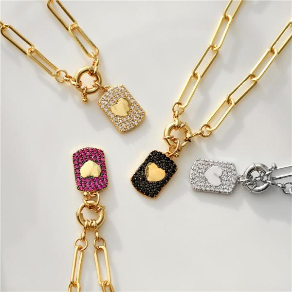Diamond Zircon 18k Gold Plated Necklace Heart Pendant Paper Clip Link Chain Choker
