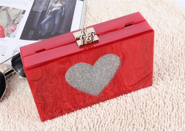 Wedding Hard Case Acrylic Clutch Bags , Ladies Red Clutch Bag With Silver Heart Glitter