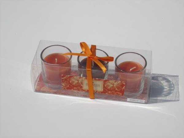 3pk Orange & Brown scented & assorted glass candle with printed label,ribbon decor and packed into clear box