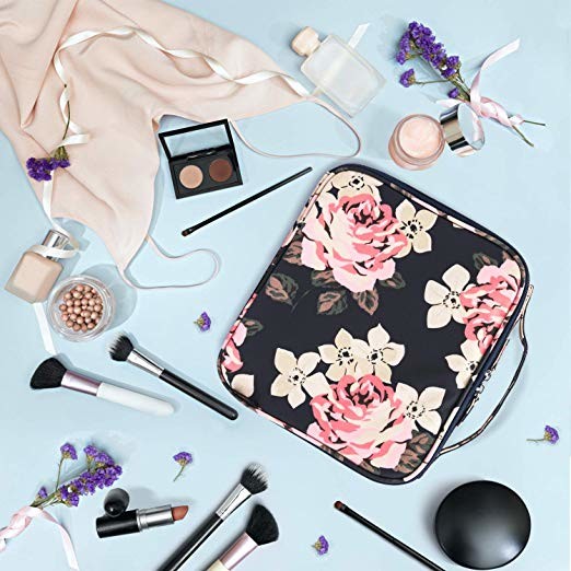 Women Nylon Cute Cosmetic Organizer Bag With Make Up Tools Toiletry Peony Printed
