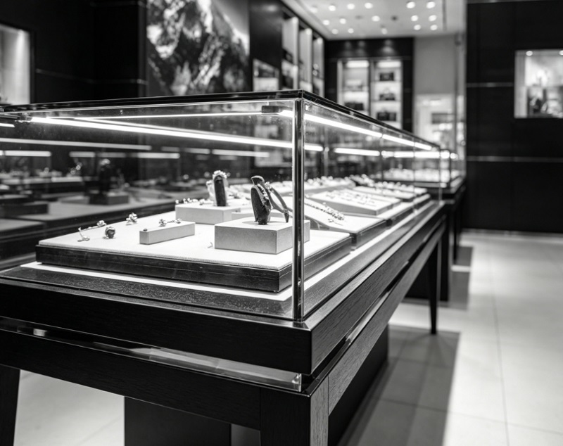 Custom Luxury Jewelry Store Black & Gold Full-Store Display Cabinet, Glass Showcase