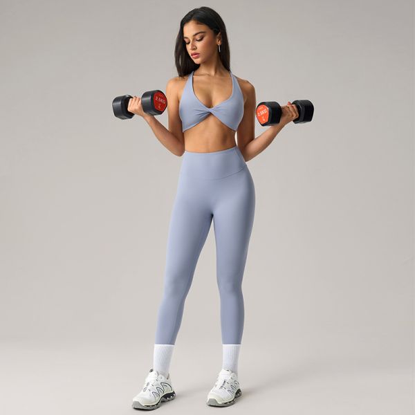 Nylon Blend One Shoulder Sports Bra High Waisted Leggings Set Squat Proof Light Blue