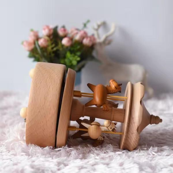 Hot Selling Wooden Carousel Music Box Christmas Birthday Gift for Kids Home Office Decorations with Mechanical Play Power
