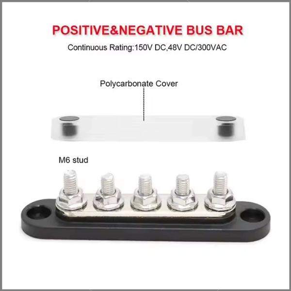 150A 48V DC Red Black 5 Way M6 Stud Busbar with Cover