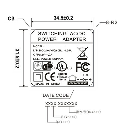12V 2A exchangeable UK AUS USA EU AC plug 2M cable 18AWG cable  LED light box