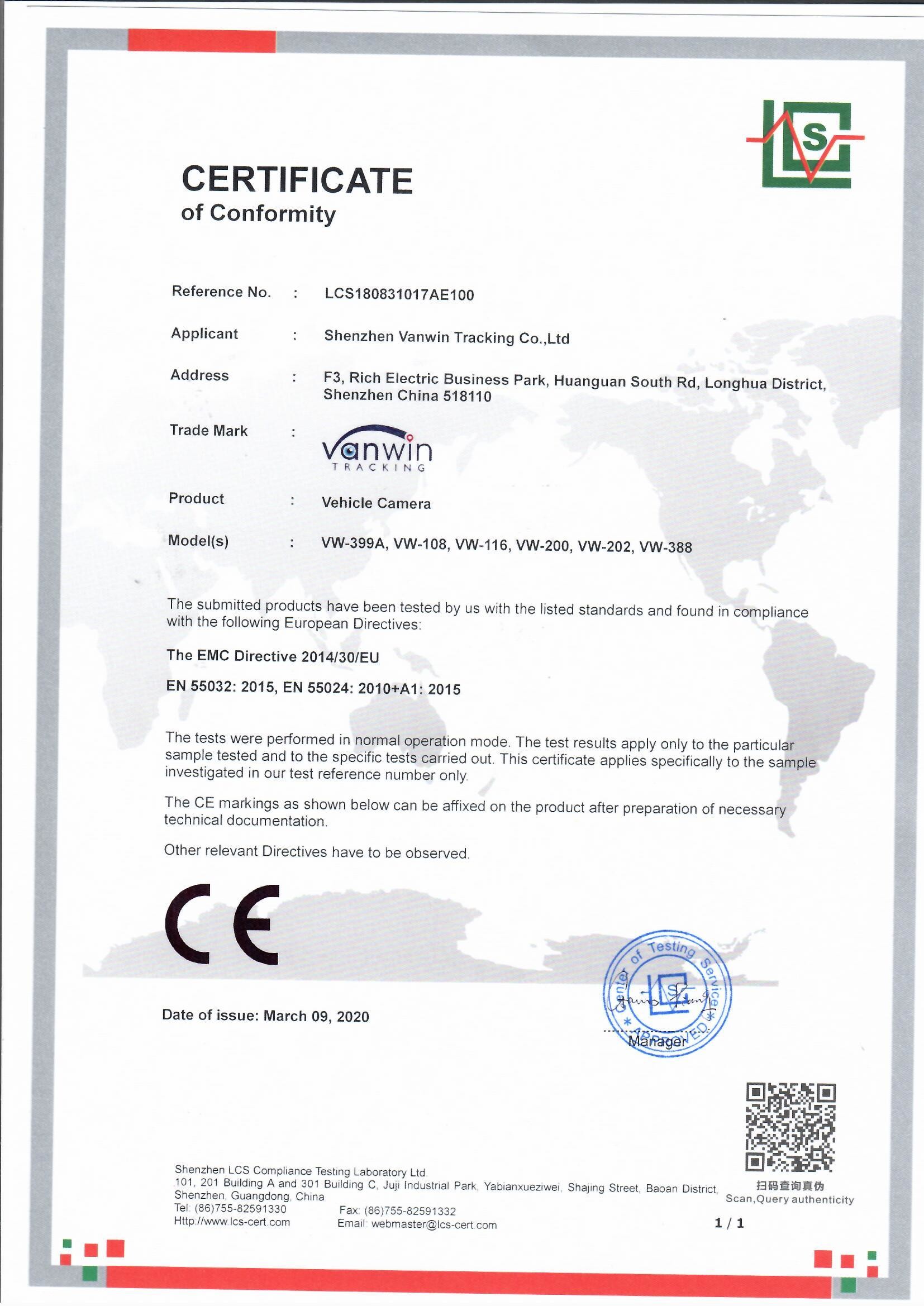 Shenzhen Vanwin Tracking Co.,Ltd Сертификации
