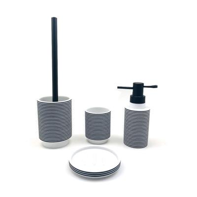 4 Pieces Polyresin Shower Accessories Countertop Toilet Brush Cleaner White Body Black Circle Line
