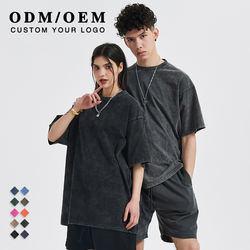                  250GSM Blank Shirts Unisex Wide Neck Short Sleeve Oversized Mens Vintage Acid Wash T Shirt             