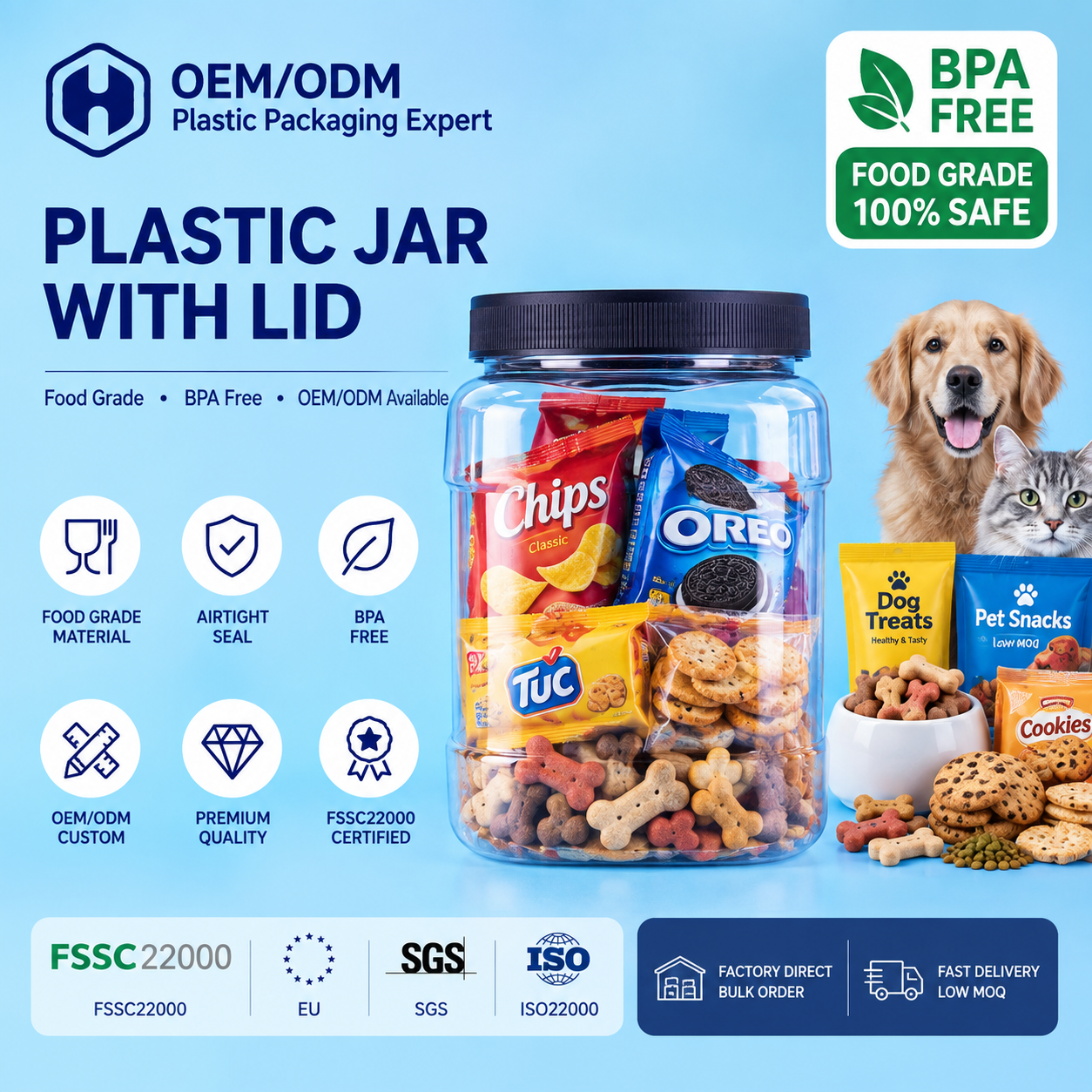 Large PET Jar For Cookies Dry Snacks And Large Pet Treat Retail Packs