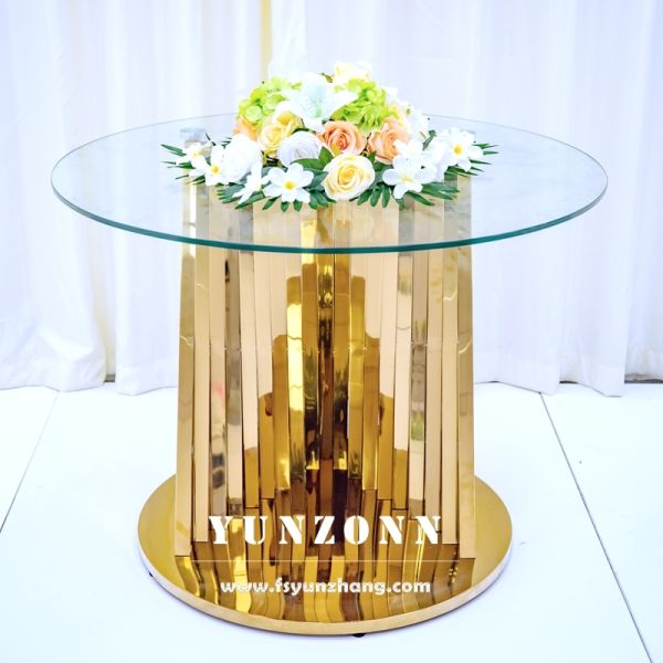 White Glass Wedding Display Cake Table with Round Gold Nest Base Stainless Steel for Hotel Furniture