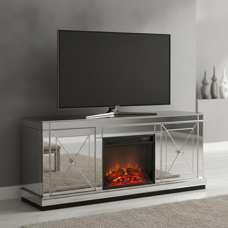 JS-TV01 Super White Mirrored Glass Electric Fireplace TV Stand with Contemporary Mantle Structure