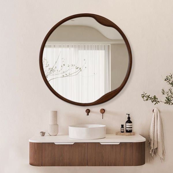 Wall Mounted Asymmetrical Walnut Wood Framed Bathroom Mirror For Hotel