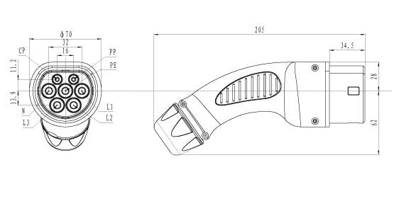 16A 5m EV Wiring Harness IEC 62196-2 Type 2 Charging Cable For Audi A3