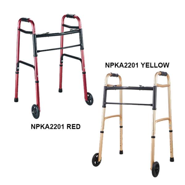 Adult Dual Button Aluminum Folding Walker with 2 Wheels