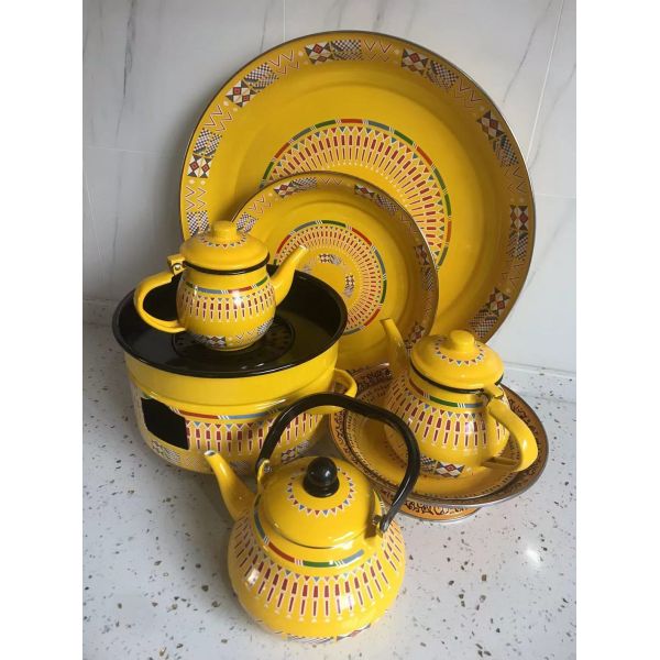 Eco Friendly Enamel Tableware Teapot Sets Saudi Type Colorful Traditional Patterns