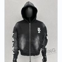 Logo personnalisé surdimensionné boxy ajusté coupé fermeture à glissière Hoodies poids lourd vintage lavé Distressed broderie Hoodie
