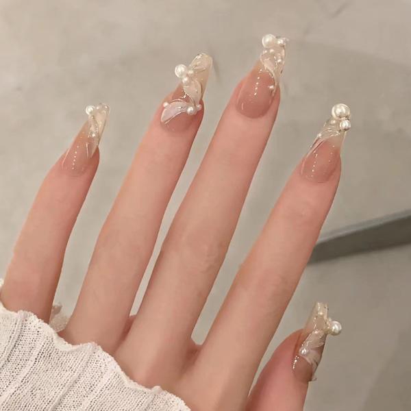 French Style 3D Natural Coffin Custom Press On Nails with Pearl Rhinestones 12 Sizes